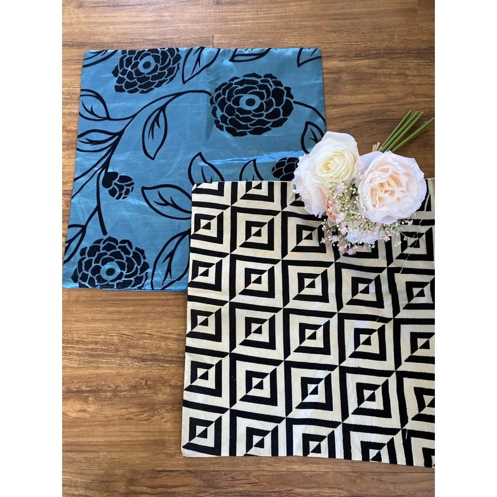 Vintage Set 2 Square Satiny Velvet‎ Detail Pillow Cases Blue Black Beige Zipper